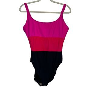 Miraclesuit Size 16 Pink Red Black Color Block Tank Style One Piece Swimsuit